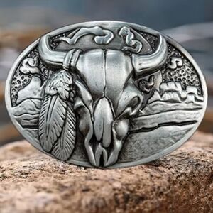 New Longhorn bull Skull Feathers Western Belt Buckle